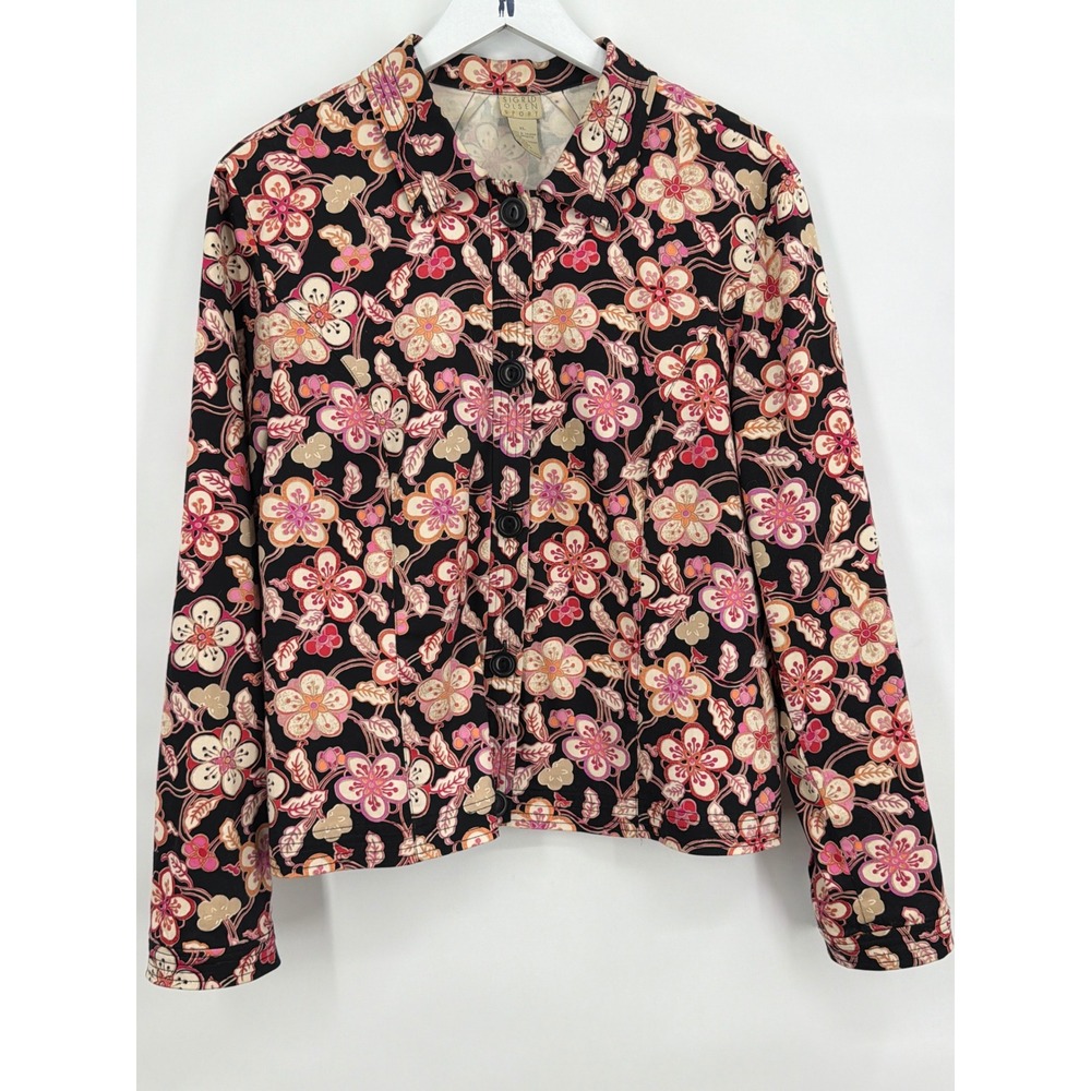Vtg Sigrid Olsen Sport Floral Button Up Jacket Black Pink Orange Cotton Blend XL